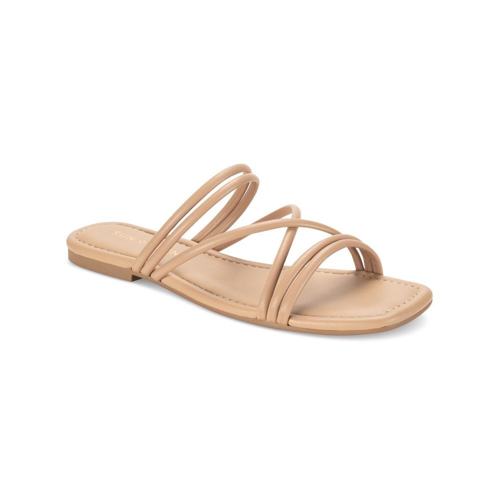 SUN STONE Womens Quinley Slip On Square Toe Strappy Sandals Tan 7 Medium (B,M)